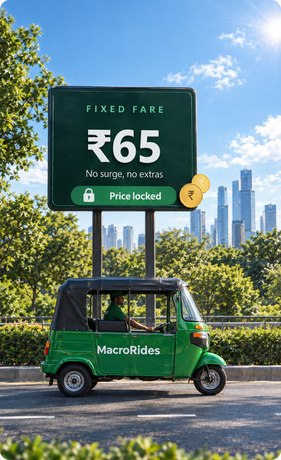 MacroRides electric rickshaw during a smooth urban ride